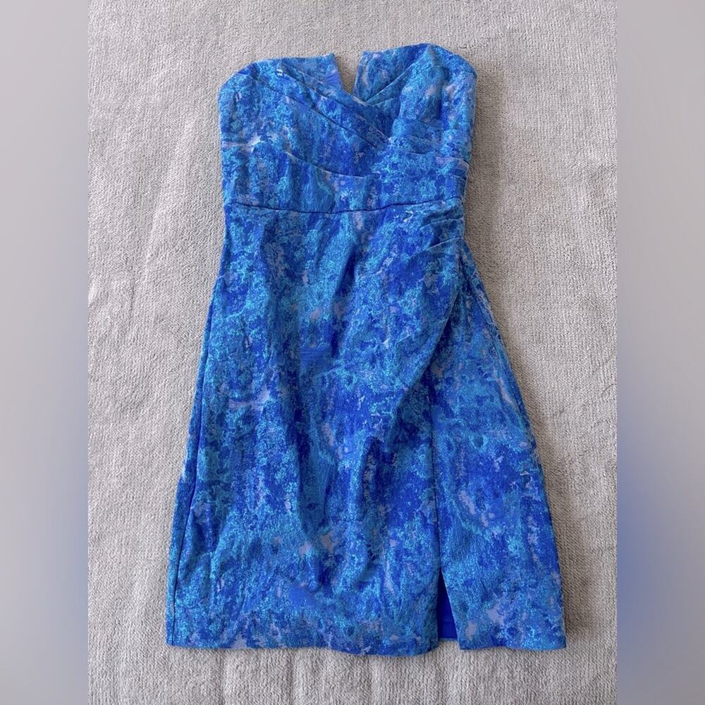 Aidan Mattox Strapless Pleated Metallic Jacquard Dress Size 6 Royal Blue - Picture 2 of 9